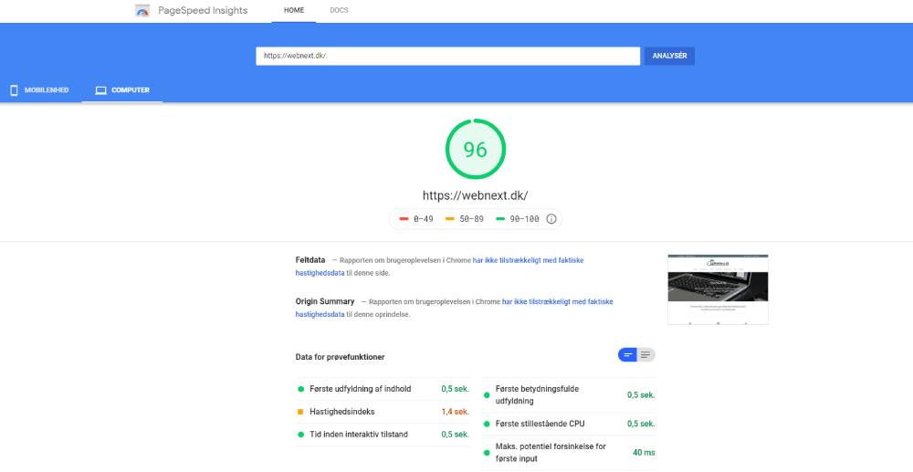 Google pagespeed Webnext